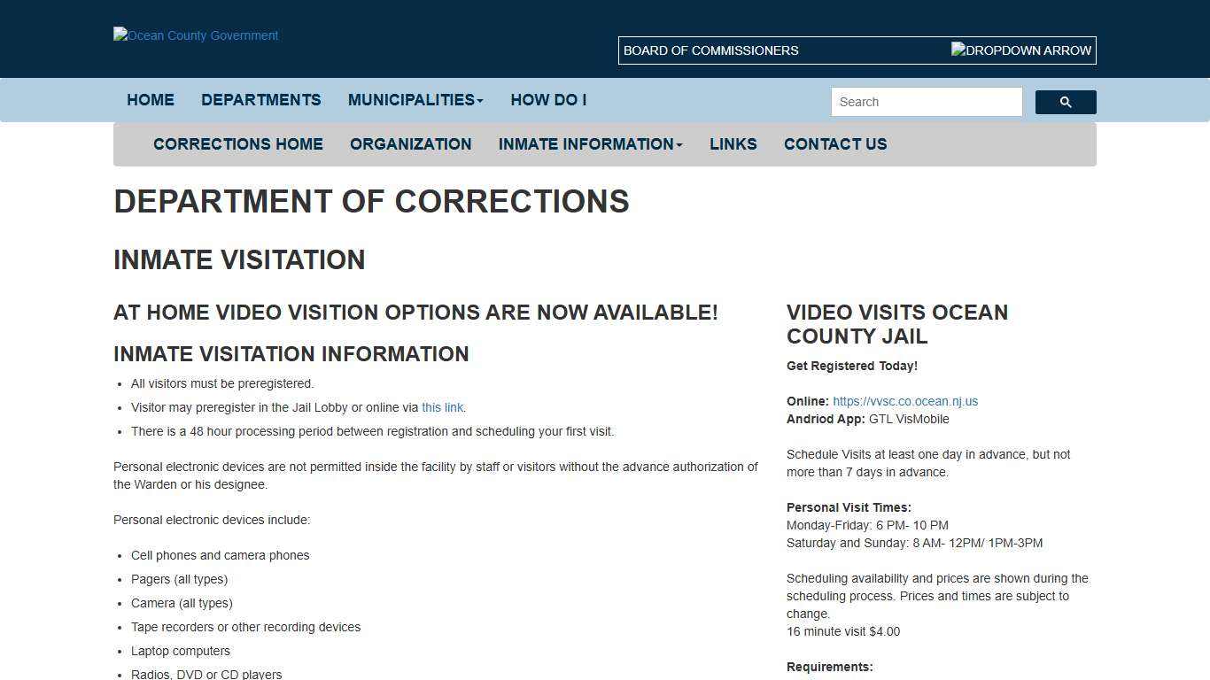 Inmate Visitation Ocean County Government